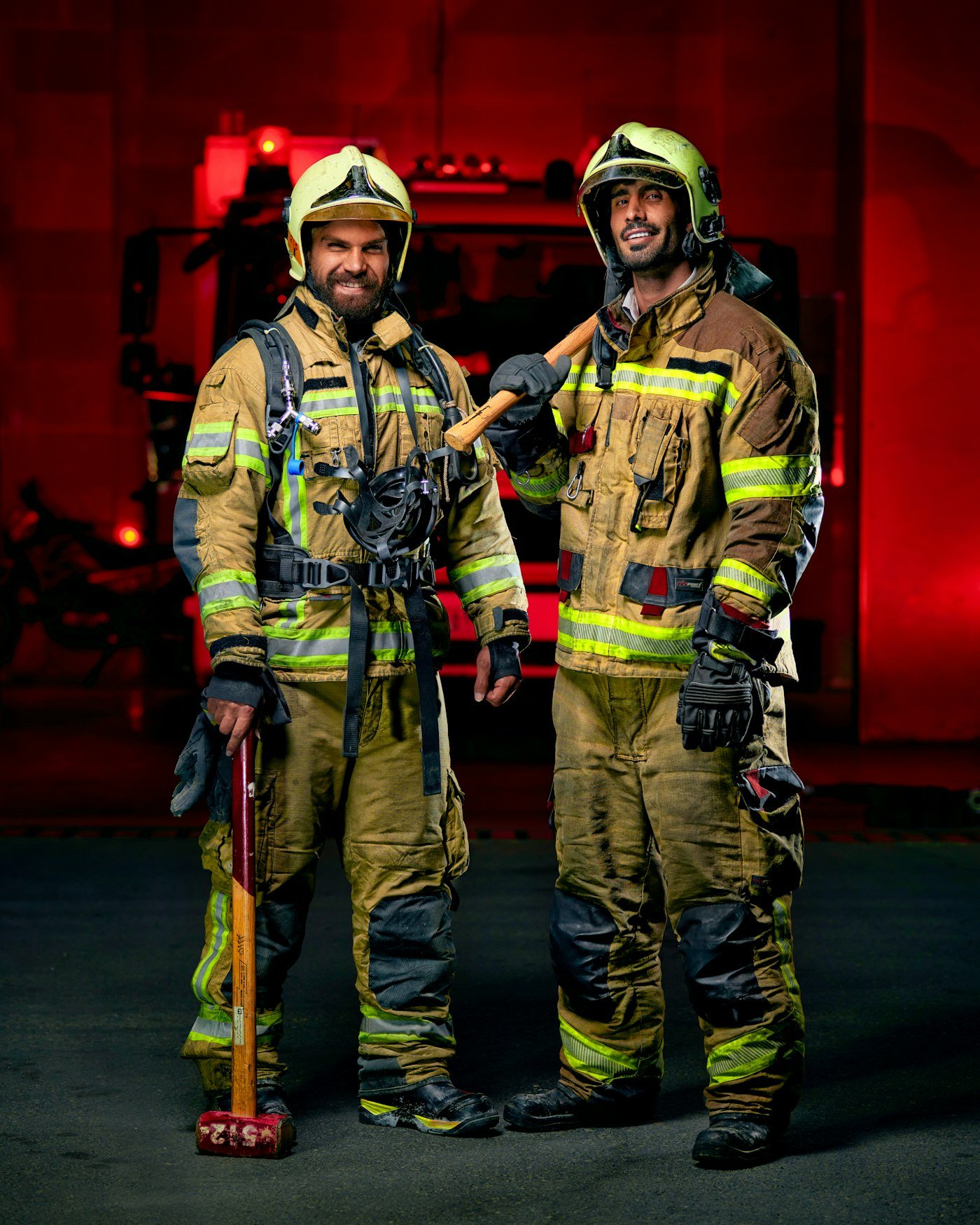 Red safety helmets